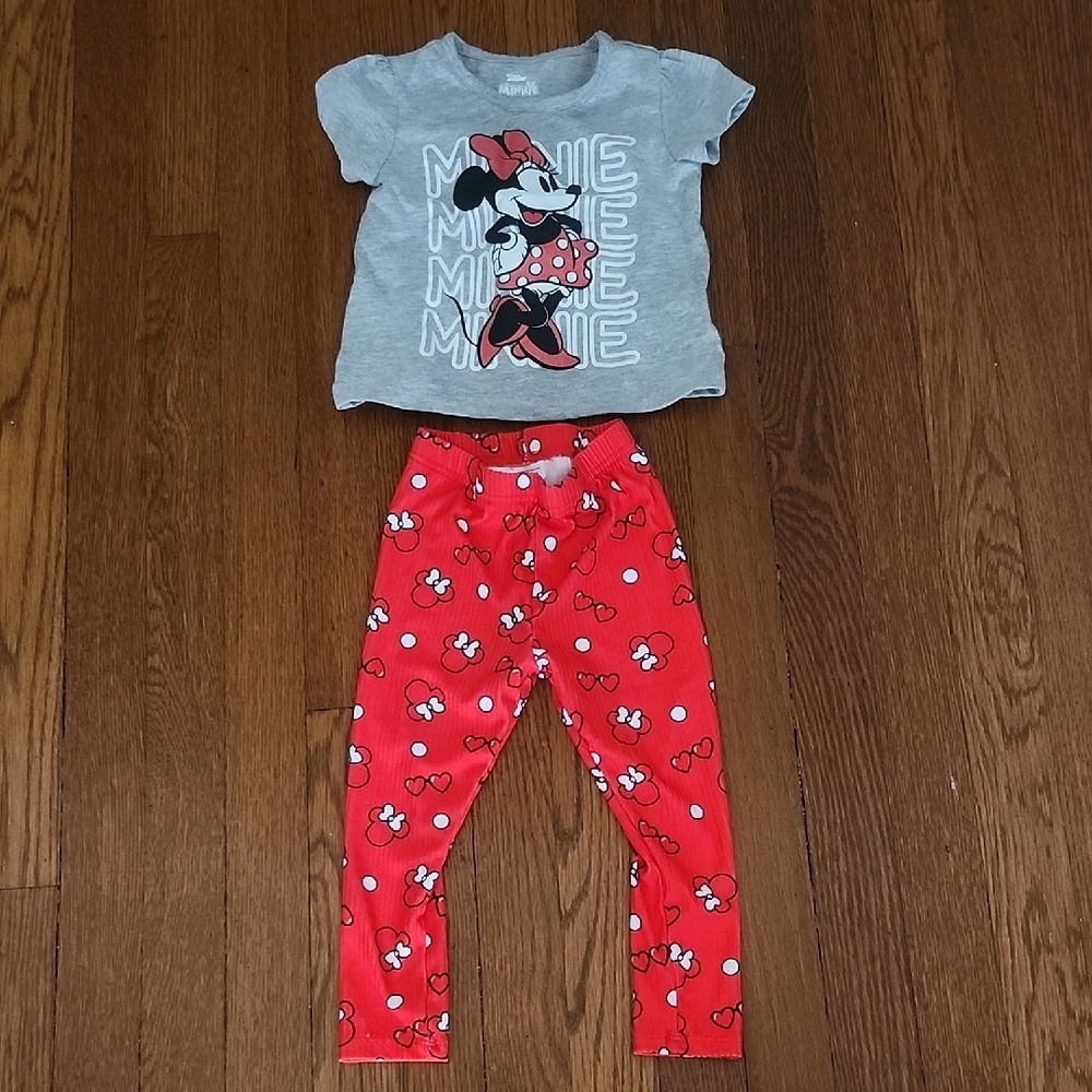 Gray Minnie Mouse T-Shirt and Red Leggings Set